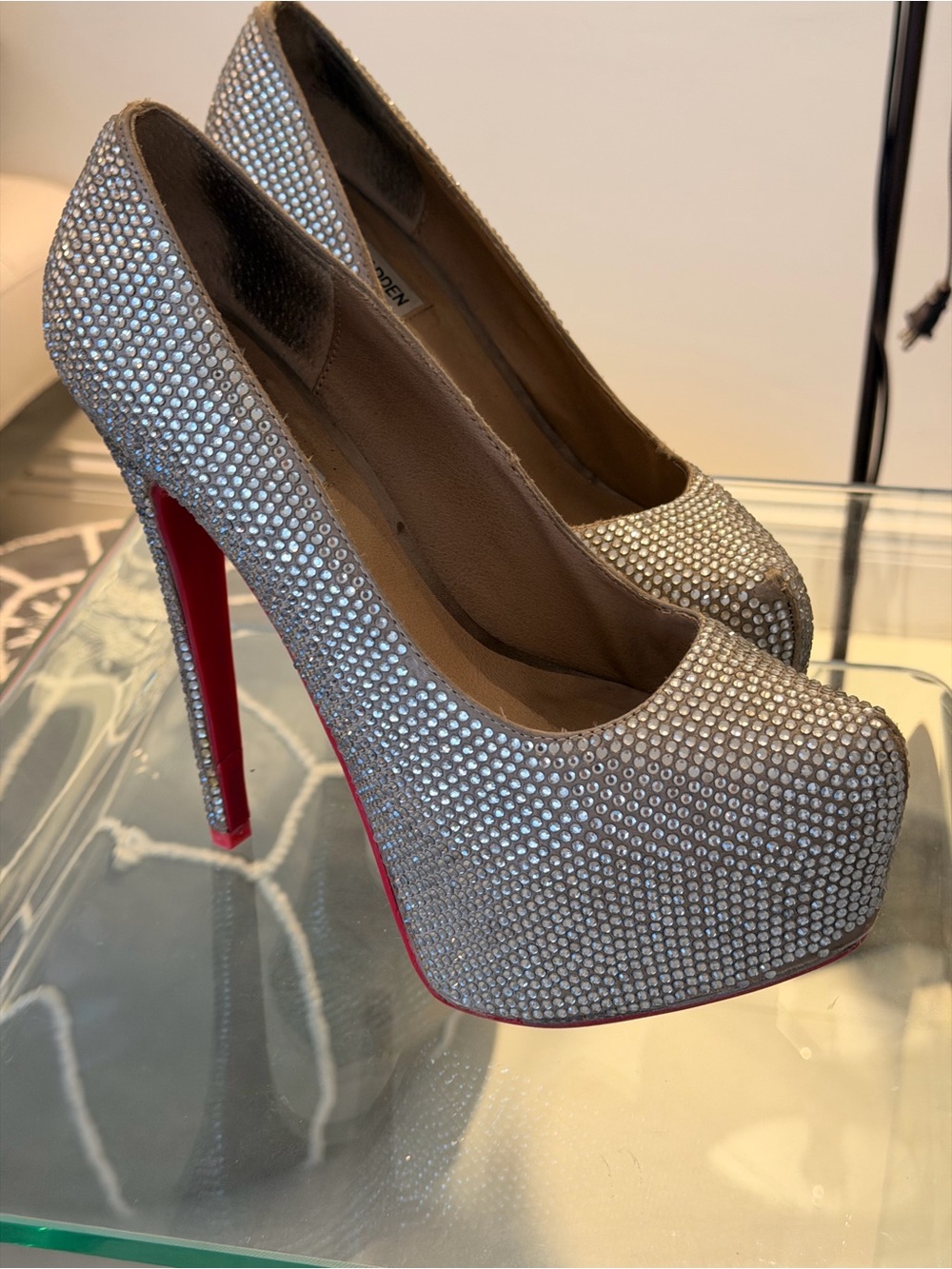 Steve Madden Silver Crystal Platform Pumps with Red Sole